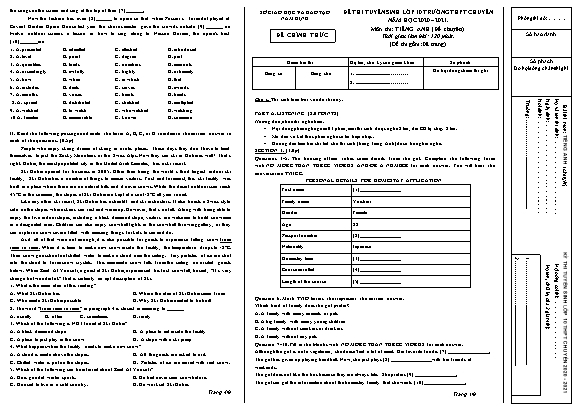 Đề thi tuyển sinh lớp 10 trường THPT chuyên môn Tiếng Anh - Năm học 2020-2021